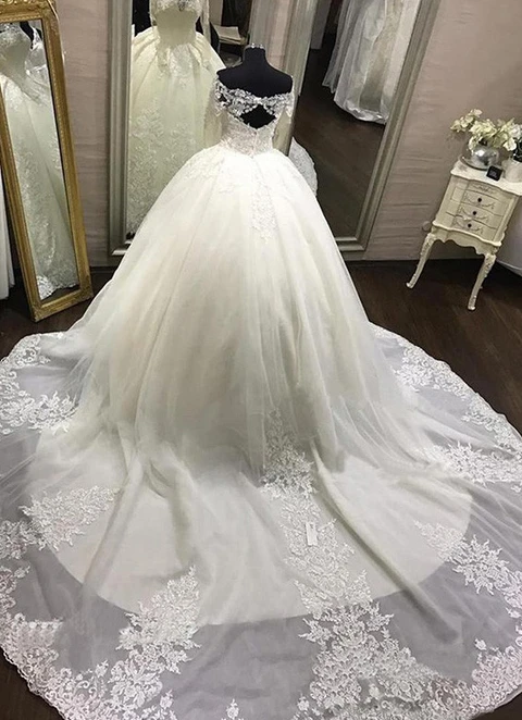 Lace Wedding Dress Ball-gown/princess Off-the-shoulder Chapel Train With Beaded