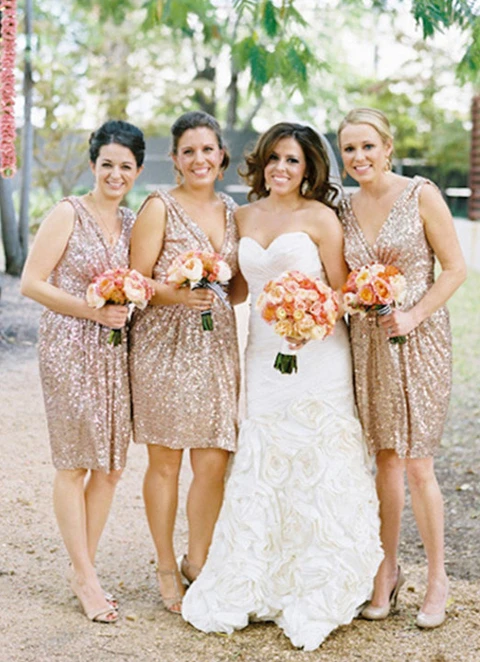 Sheath/column Sleeveless V Neck Knee-length Sequined Bridesmaid Dresses