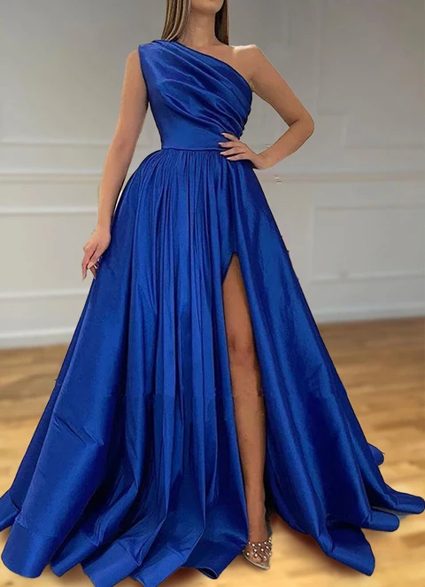 A-line One-shoulder Satin Pleated Dresses