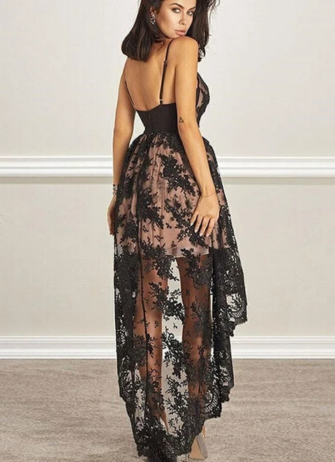 A-line V Neck Sleeveless Lace Satin Asymmetrical Dresses