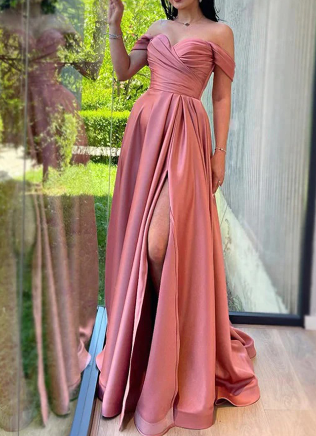 A-line Off-the-shoulder Sleeveless Sweep Train Charmeuse Dresses With Pleated Split