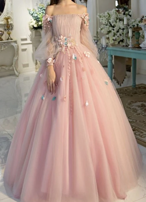 Ball Gown Off-the-shoulder Tulle Long Sleeves Hand-made Flower Floor-length Dresses