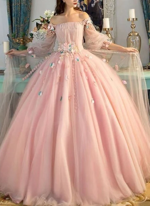 Ball Gown Off-the-shoulder Tulle Long Sleeves Hand-made Flower Floor-length Dresses