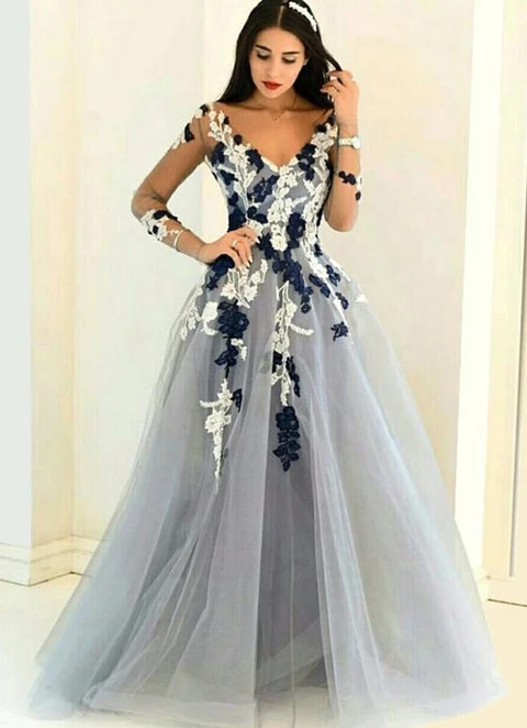 Tulle Long/floor-length A-line/princess Full/long Sleeve V-neck Appliqued Dresses