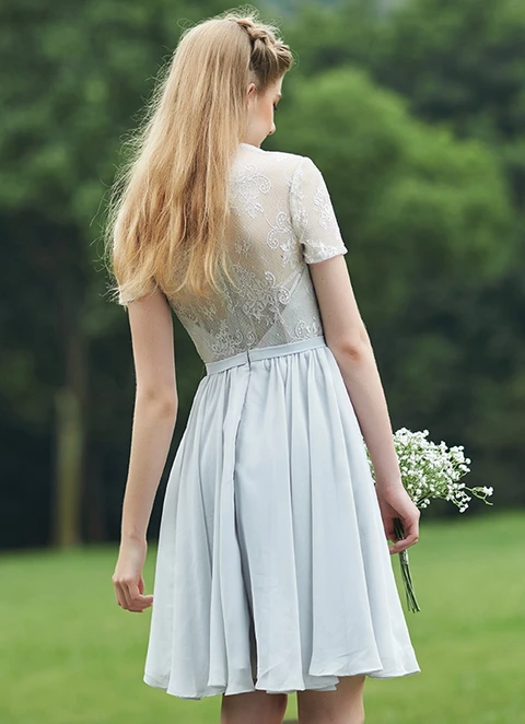 A-line Short Sleeve Sweetheart Neck Short/mini Chiffon Bridesmaid Dresses With Lace