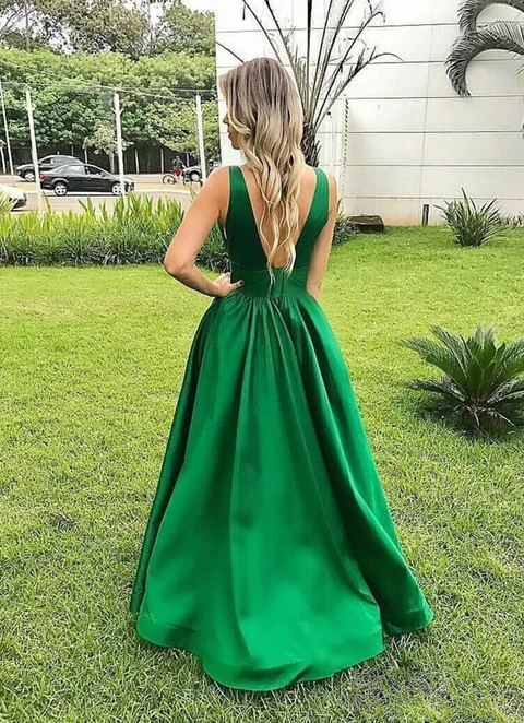 A-line V Neck Sleeveless Long/floor-length Satin Pleated Dresses