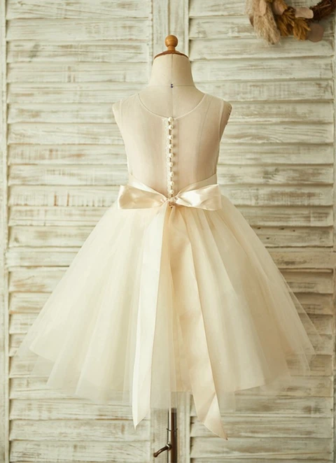 Ball-gown/princess Tea-length Scoop Lace Sleeveless Tulle Flower Girl Dresses