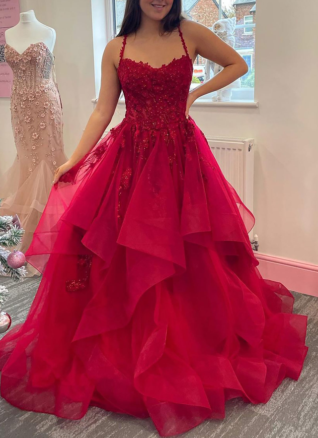 Ball Gown V Neck Sleeveless Tulle Sweep Train Dresses With Appliqued Beading