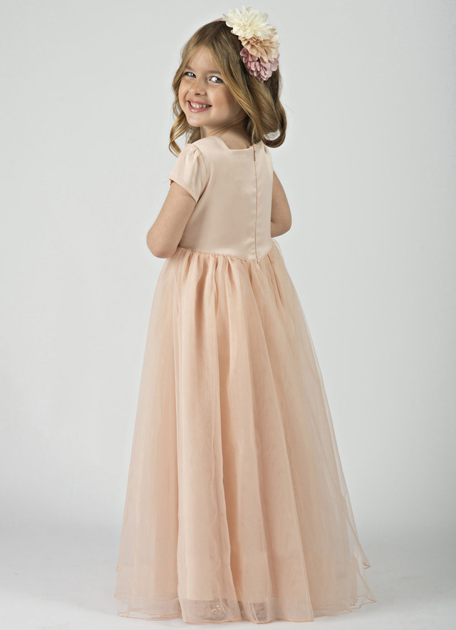 A Line Floor-length Square Short Sleeves Pleated Tulle Flower Girl Dresses