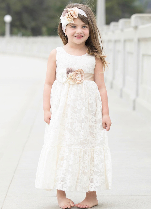 A Line Tea-length Scoop Sleevesless Lace Flower Girl Dresses With Sashes