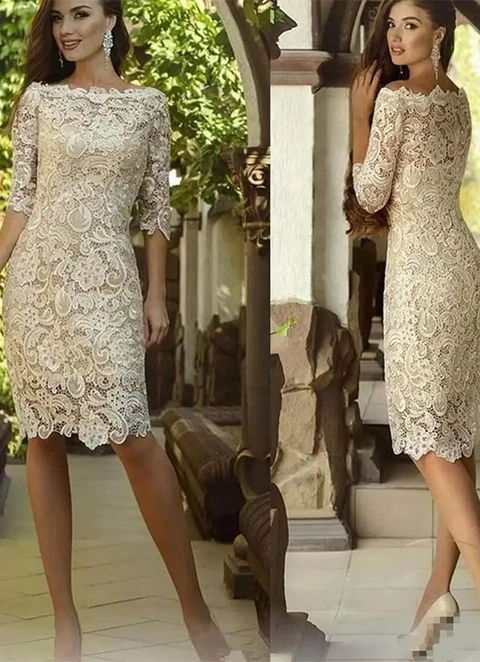 Sheath/column Off-the-shoulder 3/4 Sleeves Lace Applique Knee-length Mother Of The Bride Dresses