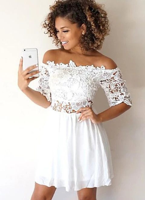 A-line Off-the-shoulder Half Sleeve Short/mini Chiffon Dresses With Lace