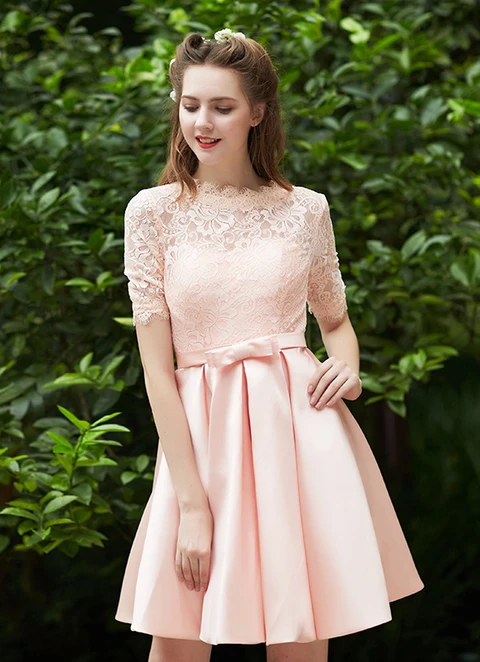 A-line Short Sleeve Illusion Short/mini Satin Bridesmaid Dresses With Pleated Waistband Lace