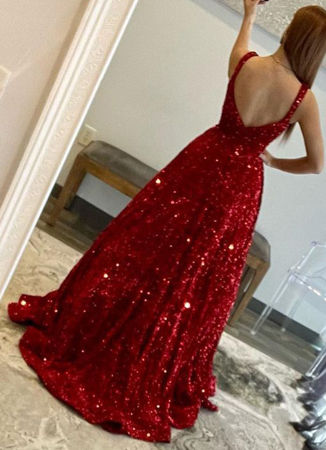 A-line Square Neckline Sleeveless Sweep Train Velvet Sequins Dresses