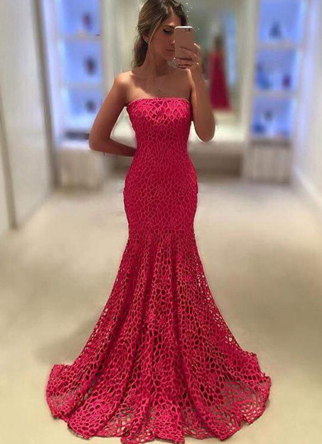 Lace Long/floor-length Trumpet/mermaid Sleeveless Strapless Zipper Dresses