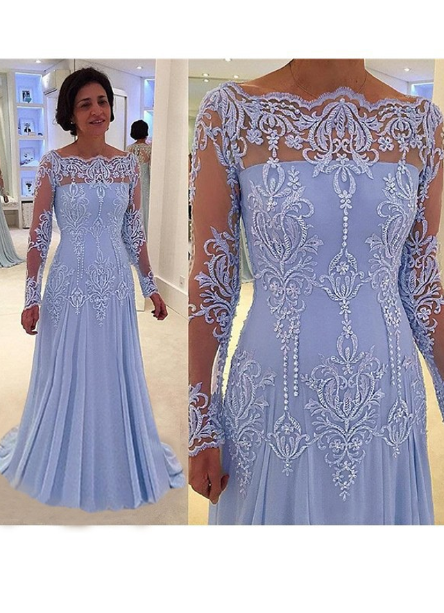 A-line Chiffon Illusion Long Sleeves Sweep Train Mother Of The Bride Dresses With Applique