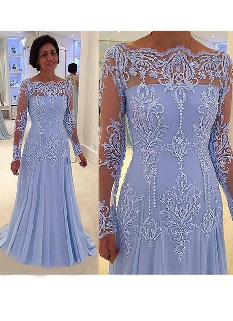 A-line Chiffon Illusion Long Sleeves Sweep Train Mother Of The Bride Dresses With Applique