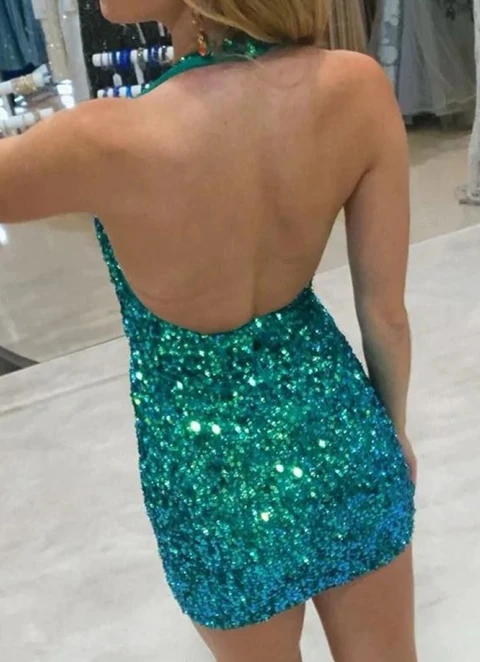 Sheath/column Halter Sleeveless Sequined Short/mini Dresses