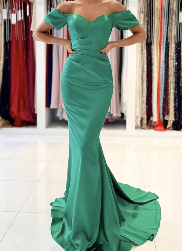 Trumpet/mermaid Off-the-shoulder Short Sleeve Satin Sweep Train Dresses