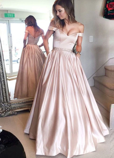 Satin Prom Dress A-line/princess Off-the-shoulder Long/floor-length With Beaded