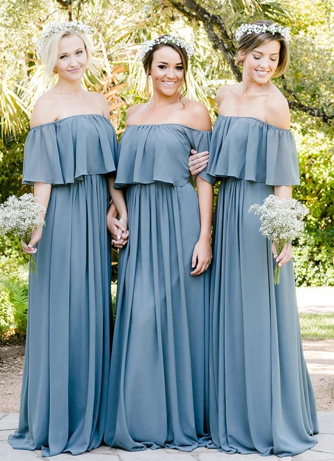 A-line Off-the-shoulder Long/floor-length Chiffon Bridesmaid Dresses With Ruffles