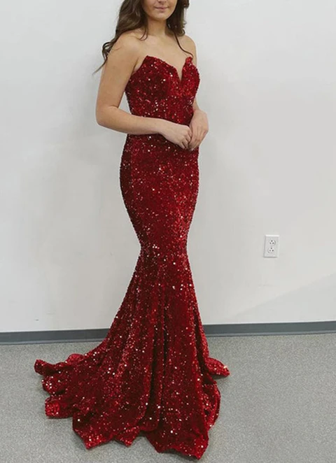 Trumpet/mermaid Sweetheart Strapless Sweep Train Velvet Sequins Dresses