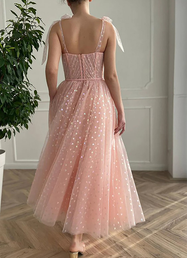 A-line Sweetheart Sleeveless Ankle-length Tulle Dresses With Pleated Sequins