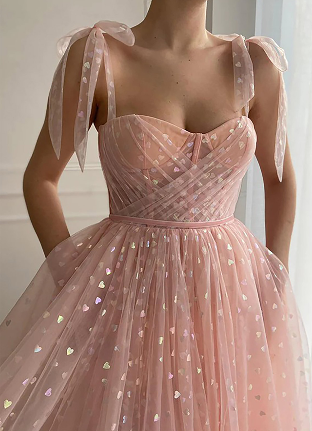 A-line Sweetheart Sleeveless Ankle-length Tulle Dresses With Pleated Sequins