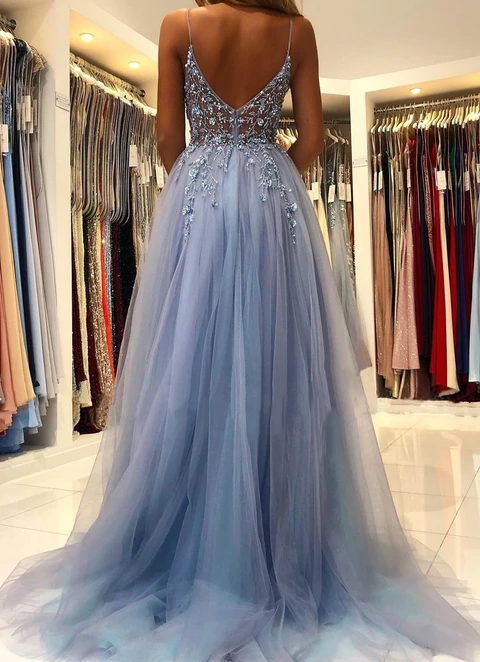 A-line V Neck Spaghetti Straps Sweep Train Tulle Prom Dress With Beading Sequins