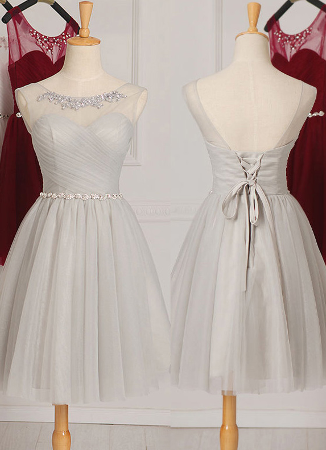 A-line/princess Sleeveless Scoop Neck Knee-length Tulle Dresses With Beaded