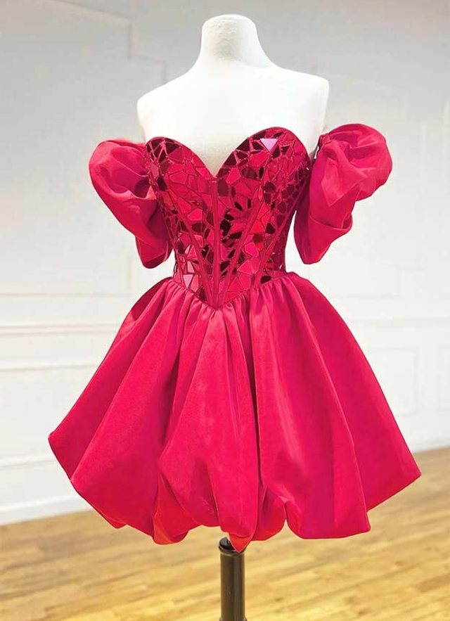 A-line Princess Sweetheart Short Sleeve Short/mini Satin Dresses With Sequins Bubble