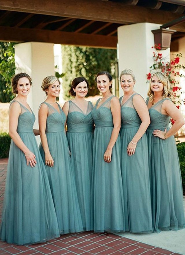 A-line Sleeveless V Neck Long/floor-length Tulle Bridesmaid Dresses With Pleated