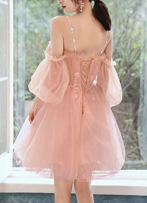 A-line Square Neckline Short Sleeve Short/mini Tulle Dresses With Beading Pleated