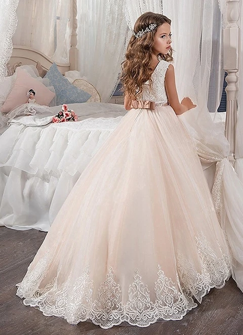 Ball-gown/princess Sleeveless Lace Sweep/brush Train Tulle Flower Girl Dresses