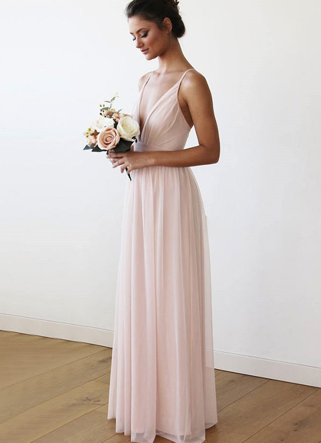 V Neck Sleeveless Long/floor-length Chiffon Spaghetti Straps Pleated Bridesmaid Dresses