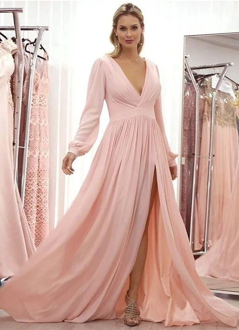 A-line Chiffon V-neck Long Sleeves Sweep Train Mother Of The Bride Dresses With Pleated