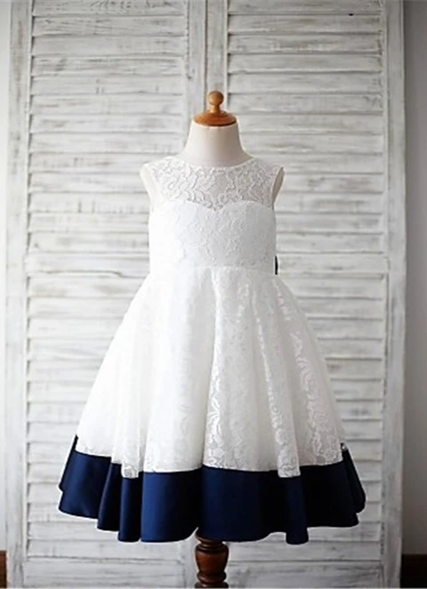 Ball-gown/princess Scoop Sleeveless Bowknot Tea-length Lace Flower Girl Dresses