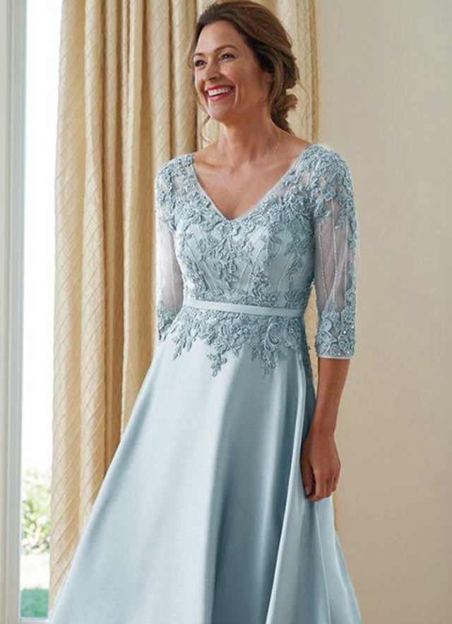 A-line Satin V-neck 3/4 Sleeves Floor-length Mother Of The Bride Dresses With Applique 