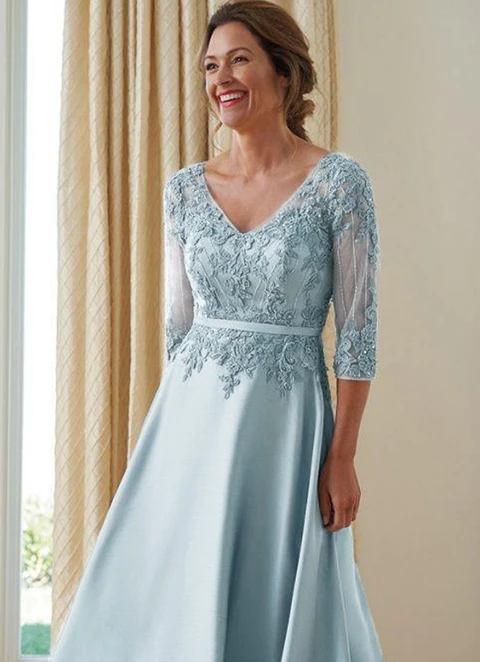 A-line Satin V-neck 3/4 Sleeves Floor-length Mother Of The Bride Dresses With Applique 