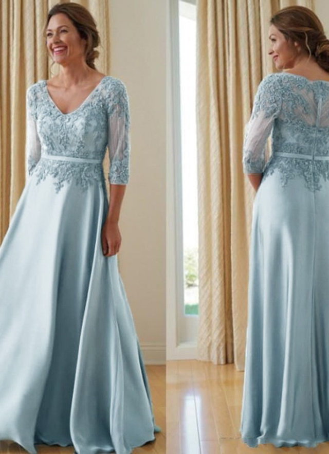 A-line Satin V-neck 3/4 Sleeves Floor-length Mother Of The Bride Dresses With Applique 