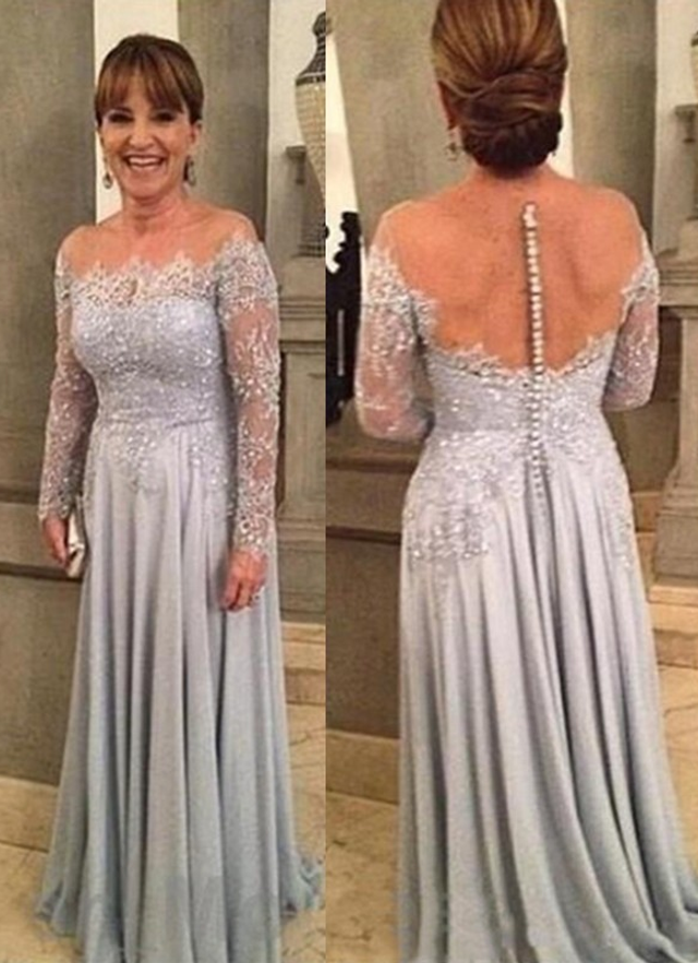 A-line Chiffon Scoop Long Sleeves Floor-length Mother Of The Bride Dresses With Lace