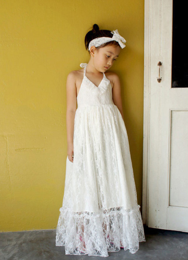  A-line Halter Long/floor-length Lace Flower Girl Dresses