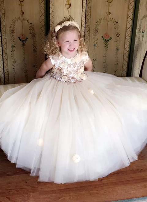 Ball-gown/princess Floor-length Scoop Sleevesless Tulle Flower Girl Dresses