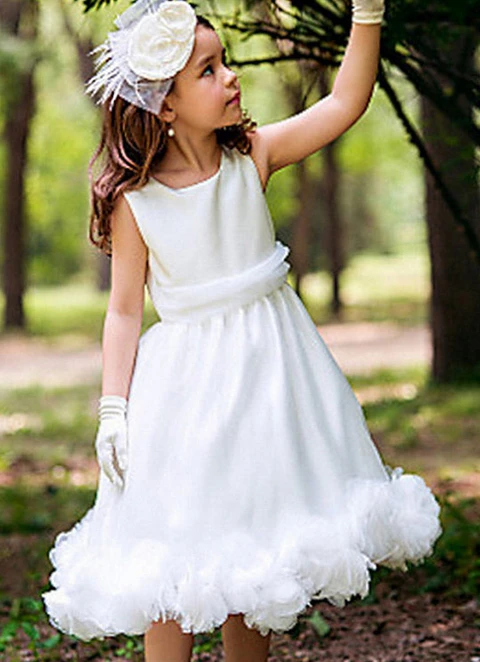 Ball-gown/princess Scoop Tea-length Appliqued Organza Flower Girl Dress