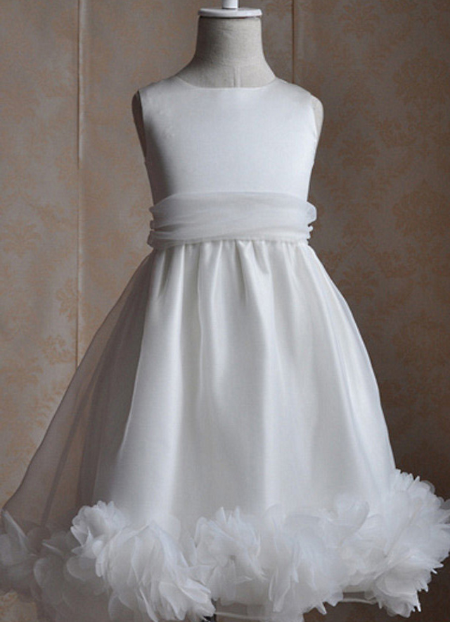 Ball-gown/princess Scoop Tea-length Appliqued Organza Flower Girl Dress