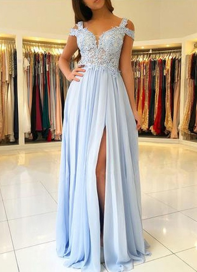 A-line/princess Sleeveless Off-the-shoulder Floor-length Applique Chiffon Dresses