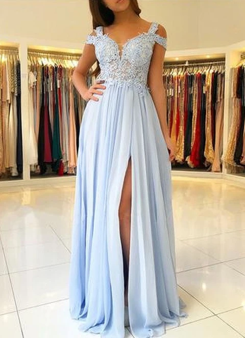 A-line/princess Sleeveless Off-the-shoulder Floor-length Applique Chiffon Dresses