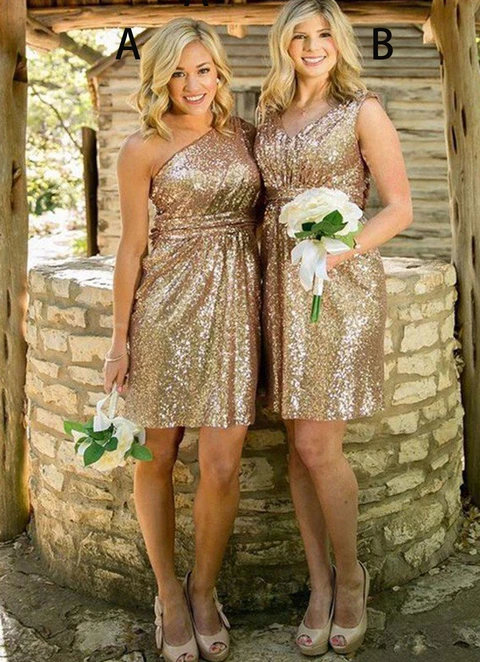 A-line Sleeveless One-shoulder Short/mini Sequined Bridesmaid Dresses