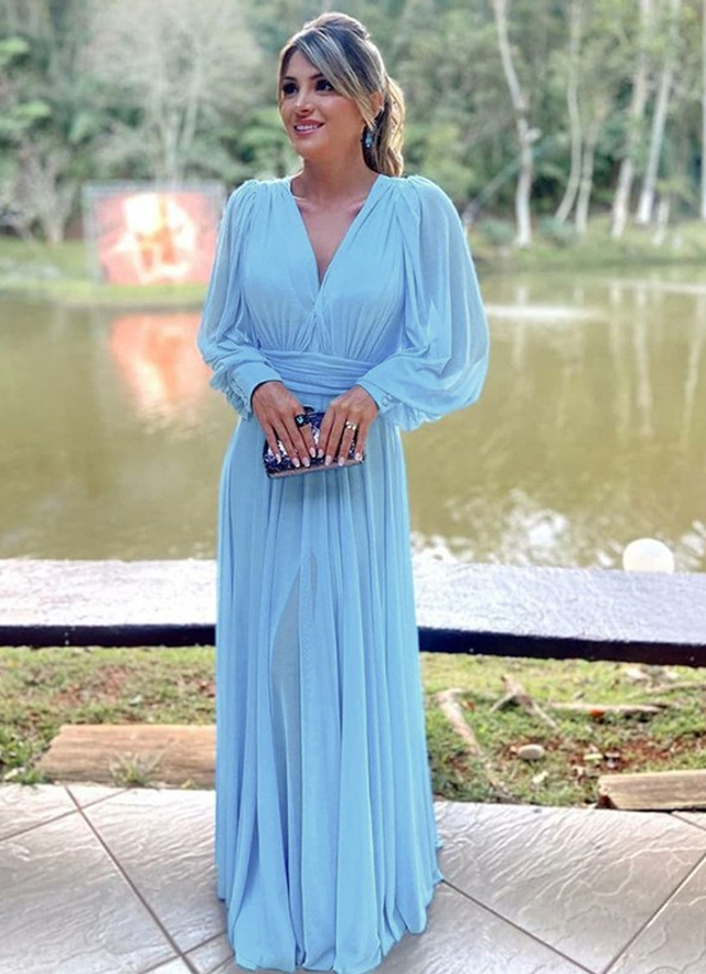 A-line Chiffon Pleated V-neck Long Sleeves Floor-length Mother Of The Bride Dresses