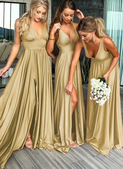 A-line V-neck Sweep Train Jersey Bridesmaid Dresses With Split Pleated Waistband